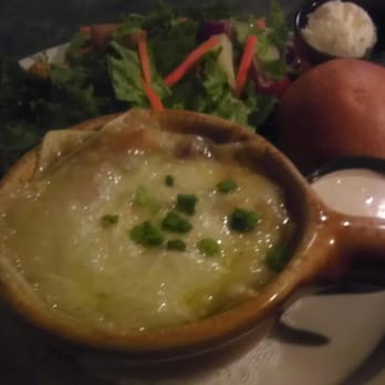 Dillon Dam Brewery - Mike's Ale Onion Soup with Brewhouse Salad - American Near Me - Dillon, Colorado Dillon Dam Brewery - Mike's Ale Onion Soup with Brewhouse Salad - American Near Me - Dillon, Colorado