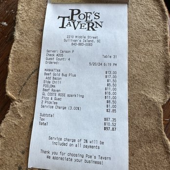 Poe's Tavern - Receipt with 3% surcharge and tip recommendations started at 20% and we're ON TOP of the tax and surcharge. - Bars Near Me - Sullivan's Island, South Carolina Poe's Tavern - Receipt with 3% surcharge and tip recommendations started at 20% and we're ON TOP of the tax and surcharge. - Bars Near Me - Sullivan's Island, South Carolina