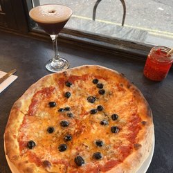 La Porchetta Pollo Bar - 4 cheese pizza with olives added and espresso martini