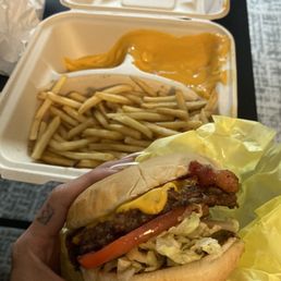 Bacon cheeseburger with cheese fries Bacon cheeseburger with cheese fries