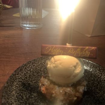 Marrow - Cookie topped with ice cream with chocolate bar written with Happy birthday on it - New American Near Me - Detroit, Michigan Marrow - Cookie topped with ice cream with chocolate bar written with Happy birthday on it - New American Near Me - Detroit, Michigan