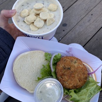 Pier Market Stand - Clam Chowder and Crab Cake Sandwich - Seafood Near Me - San Francisco, California