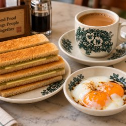 Shiok Singapore Kitchen - Experience traditional Kopi Tiam brunch on the weekends! Dip your Kaya Toast in soft boiled eggs while sipping your Kopi.