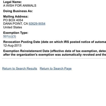 A Wish for Animals - Check out IRS site: Non profit status has been revoked since 2013! - Animal Shelters Near Me A Wish for Animals - Check out IRS site: Non profit status has been revoked since 2013! - Animal Shelters Near Me