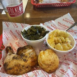 Rotisserie Chicken with sides of Collard Greens and Mac & Cheese with a Cheddar Cheese Biscuit! Rotisserie Chicken with sides of Collard Greens and Mac & Cheese with a Cheddar Cheese Biscuit!