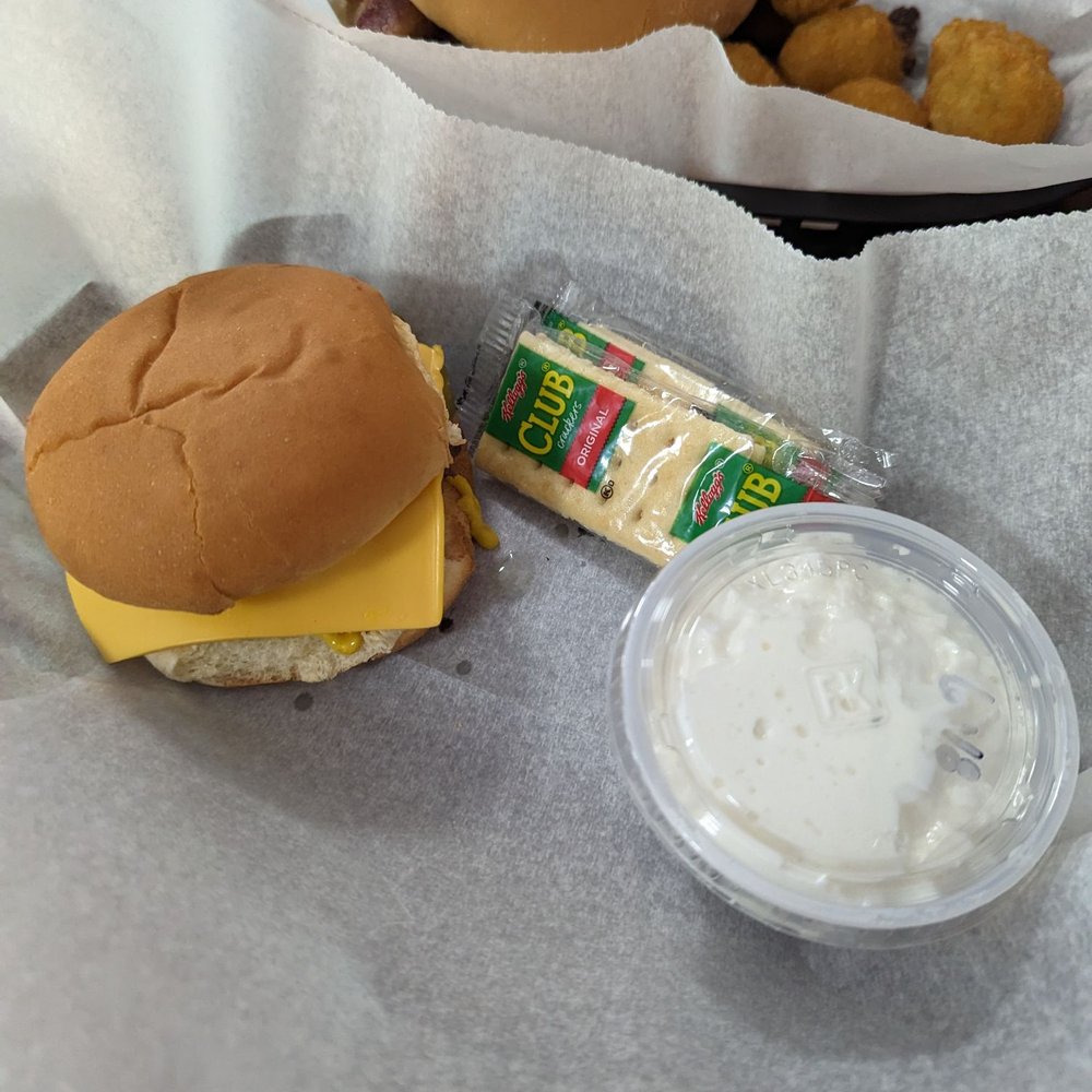 Jr. Superburger with cheese, mustard and pickles. And Some Amazing Cottage Cheese Jr. Superburger with cheese, mustard and pickles. And Some Amazing Cottage Cheese