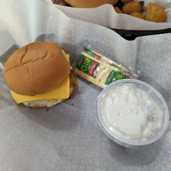 The Superburger - Jr. Superburger with cheese, mustard and pickles. And Some Amazing Cottage Cheese