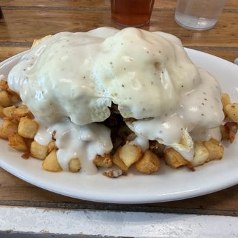 SunnySide Cafe - Chori Milanesa Stack!! Country Fried Steak on Chorizo, Biscuits and Home Fries covered in Gravy!! - Breakfast & Brunch Near Me - Clemson, South Carolina SunnySide Cafe - Chori Milanesa Stack!! Country Fried Steak on Chorizo, Biscuits and Home Fries covered in Gravy!! - Breakfast & Brunch Near Me - Clemson, South Carolina