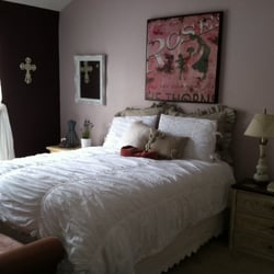 Browsaroun Antiques - my bedroom decorated with my Browsaroun finds...jewelry box, angel, cross, pink bolster pillow, lamp, shade, pink ottoman bench