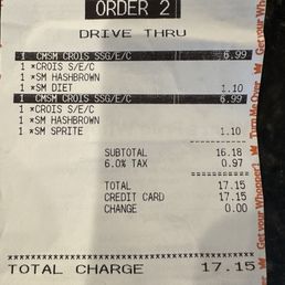 $17.15 for two breakfast meals when ordering soda (an extra $1.10 per drink) instead of drinking their crappy coffee. $17.15 for two breakfast meals when ordering soda (an extra $1.10 per drink) instead of drinking their crappy coffee.