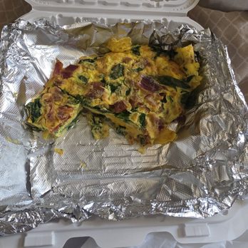 Shorty'z - Egg spinach bacon cheese comes with mushrooms but didn't get. Sorry I had already ate part of it. - Breakfast & Brunch Near Me - Fullerton, California Shorty'z - Egg spinach bacon cheese comes with mushrooms but didn't get. Sorry I had already ate part of it. - Breakfast & Brunch Near Me - Fullerton, California