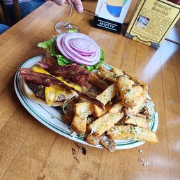 Cheddar burger. Garlic parm fries. Cheddar burger. Garlic parm fries.