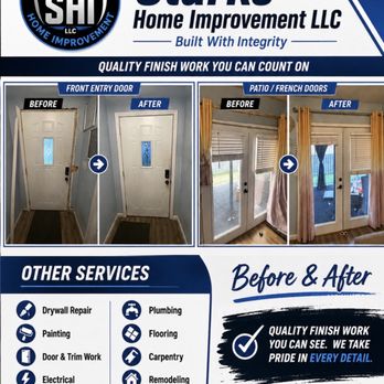 Starks Home Improvement - Before-and-after door and trim project showing the transformation from unfinished repairs to clean, finished trim and a polished final look. - Plumbing Near Me Starks Home Improvement - Before-and-after door and trim project showing the transformation from unfinished repairs to clean, finished trim and a polished final look. - Plumbing Near Me