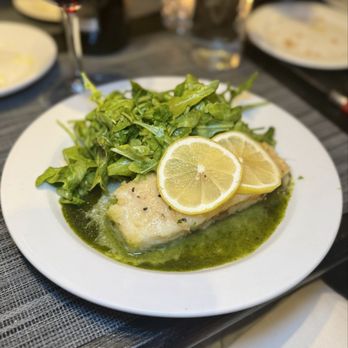 Bertrand - Le flétan Tarragon - halibut with julienned red pepper and Tarragon basil pesto - French Near Me - Pittsburgh, Pennsylvania