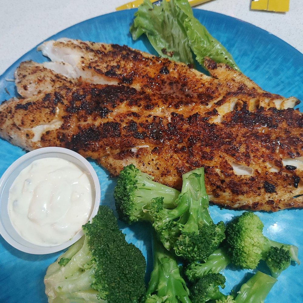 Turtle Shack - Super Grouper (blackened) and steamed brocolli - Seafood Near Me - Palm Coast, Florida Turtle Shack - Super Grouper (blackened) and steamed brocolli - Seafood Near Me - Palm Coast, Florida