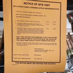 Napa Valley Montessori Learning Center - State Licensing Notice on the Front Door