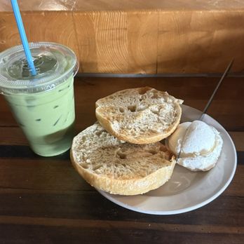 High Five Coffee - Plain bagel with cream cheese and iced matcha latte (sweetened) - Coffee & Tea Near Me - Asheville, North Carolina