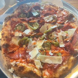 Stephen's Stingray Pie San Marzano red, double pepperoni, capicola, jalapeno, calabrese pesto, mikes hot honey