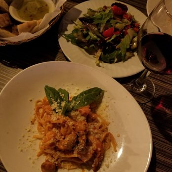 Flavio Restaurant DC - Lobster Diavolo ($27), house salad ($10) and a glass of Chianti. They were kind enough to plate the pasta in half portions for us! - Italian Near Me - Washington, DC, District of Columbia Flavio Restaurant DC - Lobster Diavolo ($27), house salad ($10) and a glass of Chianti. They were kind enough to plate the pasta in half portions for us! - Italian Near Me - Washington, DC, District of Columbia