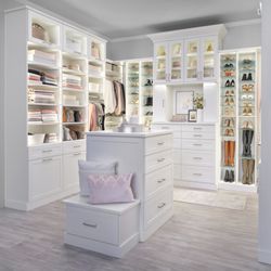 Inspired Closets - Fort Myers - White Boutique Closet * Integrated Lighting * Island * ShoeShrine® * Bench * Hamper * Hidden Ironing Board