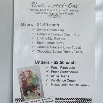 Uncle's Shave Ice - Toppings and unders pricing - Shaved Ice Near Me - Lihue, Hawaii Uncle's Shave Ice - Toppings and unders pricing - Shaved Ice Near Me - Lihue, Hawaii