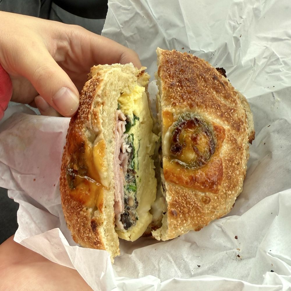 Bagel Junction - Jalapeño Bagel with Ham, Egg, Cheese, Spinach, Mushroom - Coffee & Tea Near Me - Auburn, California