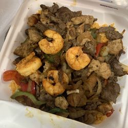 Chicken Steak, Chicken and Shrimp Fajita Mixed Platter with hair