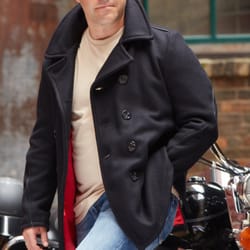 Jumpwings Heritage Brands - SchottNYC Slim Fit Wool Pea Coat with leather trim and crimson lining. Sizes 34-54. Avail at Jumpwings Heritage Brands Mpls MN