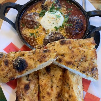 Zoli's NY Pizza - Meatball app with whipped ricotta and red sauce with crispy outside/soft inside focaccia-like bread could be a meal with a salad! - Pizza Near Me - Addison, Texas Zoli's NY Pizza - Meatball app with whipped ricotta and red sauce with crispy outside/soft inside focaccia-like bread could be a meal with a salad! - Pizza Near Me - Addison, Texas