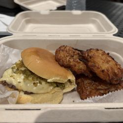 Jewboy Sliders - The Red Ass Slider (pepper jack, fried jalapeños, spicy a$$hole sauce) with Latkes - Delicious but not that spicy.