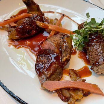 Lark - Pan roasted squab  crispy squab and foie gras cannelloni,  sweet and sour rhubarb, charred cipollini - New American Near Me - Seattle, Washington