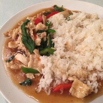 Thai Palace - Pad Gra Pow, already messed up the rice dome, excellent flavor - Thai Near Me - Chapel Hill, North Carolina