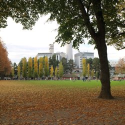 Joseph Park - Behind the rows of trees &cafes stands a recycling plant, whose silhouette above the park captures the Swiss' dedication to the environment