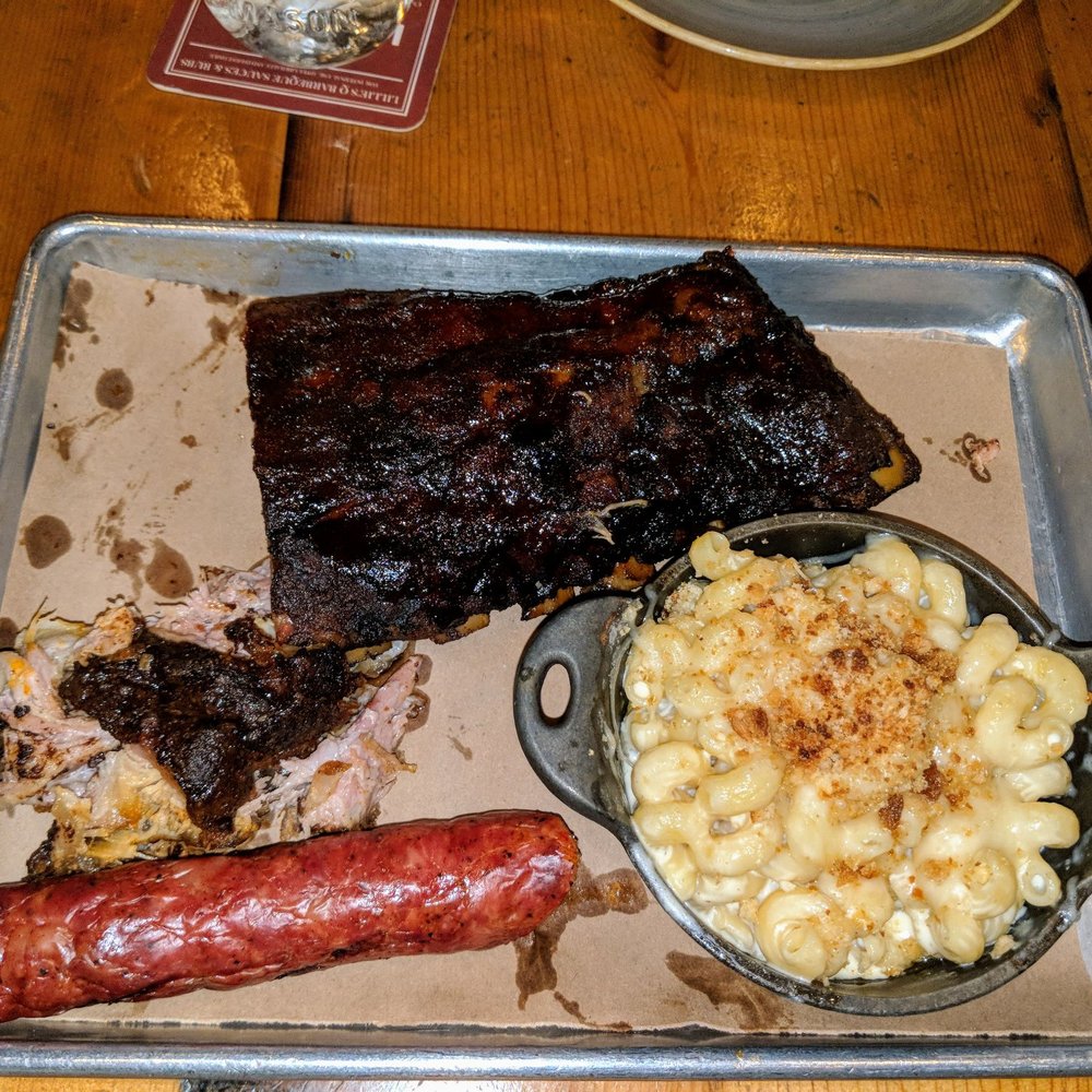 Lillie's Q - 3 Meat Sampler - Hot Link, pulled pork, 1/2 slab & Mac n' Cheese - Barbeque Near Me - Chicago, Illinois Lillie's Q - 3 Meat Sampler - Hot Link, pulled pork, 1/2 slab & Mac n' Cheese - Barbeque Near Me - Chicago, Illinois