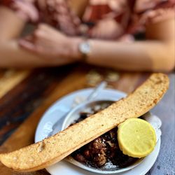 Escargot with Machaca (and giant garlic toasted baguette) $16 Fyi, no shells and delish!