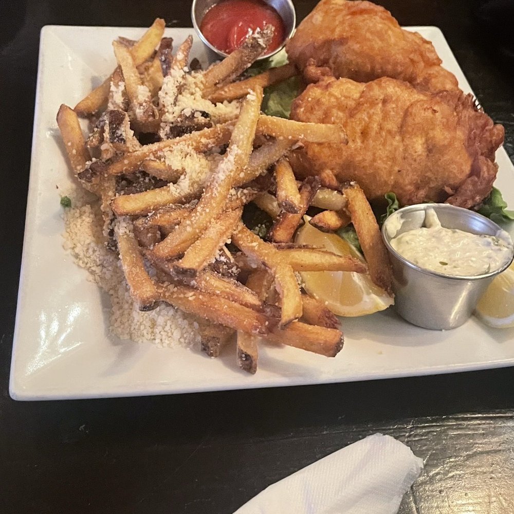 Jake's Saloon - Fish and chips with parm fries (they were not hot enough but they gave a very generous portion of parm) - Bars Near Me - New York, New York