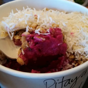 Nekter Juice Bar - Pitaya Bowl: pitaya, banana, pineapple, coconut butter, coconut H20 blended together, w/ hemp seed granola, coconut, banana. - Juice Bars & Smoothies Near Me - Irvine, California