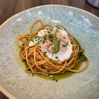 Allora - Spaghetti Alla Chitarra E Gambero Rosso : Spaghetti, red shrimp tartare, stracciatella, sauce americaine, basil essence - Italian Near Me - Grand Rapids, Michigan