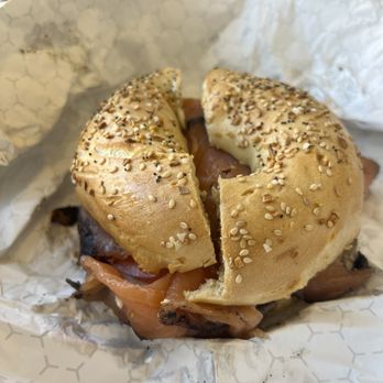 Bagels on Park - My go to... Everything Bagel lightly toasted with scallion cream cheese and pastrami lox - Coffee & Tea Near Me - Weehawken, New Jersey