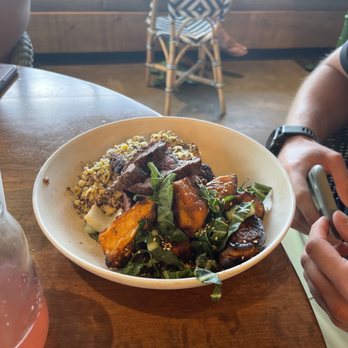 Flower Child - Steak Entrée + Quinoa & Corn w/ Yogurt + Red Chile Glaze Red Chile Glazed Sweet Potato - Vegetarian Near Me - Dallas, Texas Flower Child - Steak Entrée + Quinoa & Corn w/ Yogurt + Red Chile Glaze Red Chile Glazed Sweet Potato - Vegetarian Near Me - Dallas, Texas