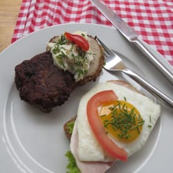 Rita's Smørrebrød - I had the frikadela (meatball) with potato salad and sunnyside up egg with tomato.  Both were really tasty:)