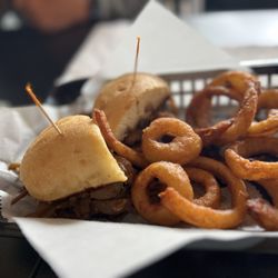 Mason’s Jar & Grill - Philly cheesesteak and onion rings - house made roast beef with hand dipped onion rings, yum!