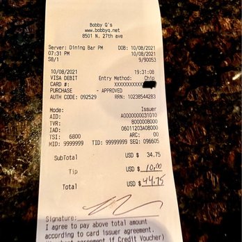 Bobby Q - Dinner receipt - Barbeque Near Me - Phoenix, Arizona Bobby Q - Dinner receipt - Barbeque Near Me - Phoenix, Arizona