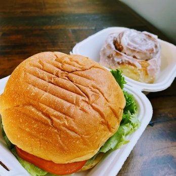 Morning Rolls - Chicken salad sandwich and cinnamon roll - Breakfast & Brunch Near Me - Raleigh, North Carolina