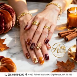 Aria Nails & Spa - Harvest spice chic! Square nails blend deep burgundy, rich amber, and gold foil leaf accents with crisp hand-painted foliage. Book today!