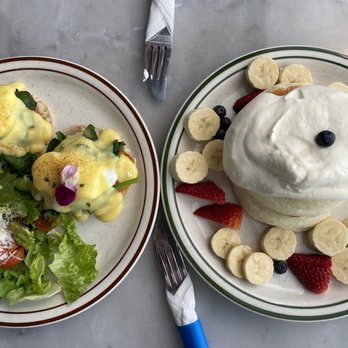 Basilur - Fruit pancake and Eggs Benedict Florentine - Coffee & Tea Near Me - Buena Park, California