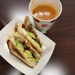 Brainfood - Bacon, egg, avocado grilled cheese on garlic Texas toast with tomato soup