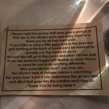 Potager - Weird request asking for extra tips to the kitchen staff... tacky - New American Near Me - Denver, Colorado