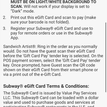 Subway - Directions of use sent with my gift card - he would not look - Fast Food Near Me - Riegelwood, North Carolina