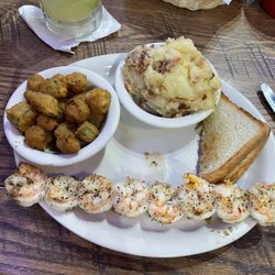 Old Bank Saloon - Shrimp skewer, fried okra, cowboy potatoes